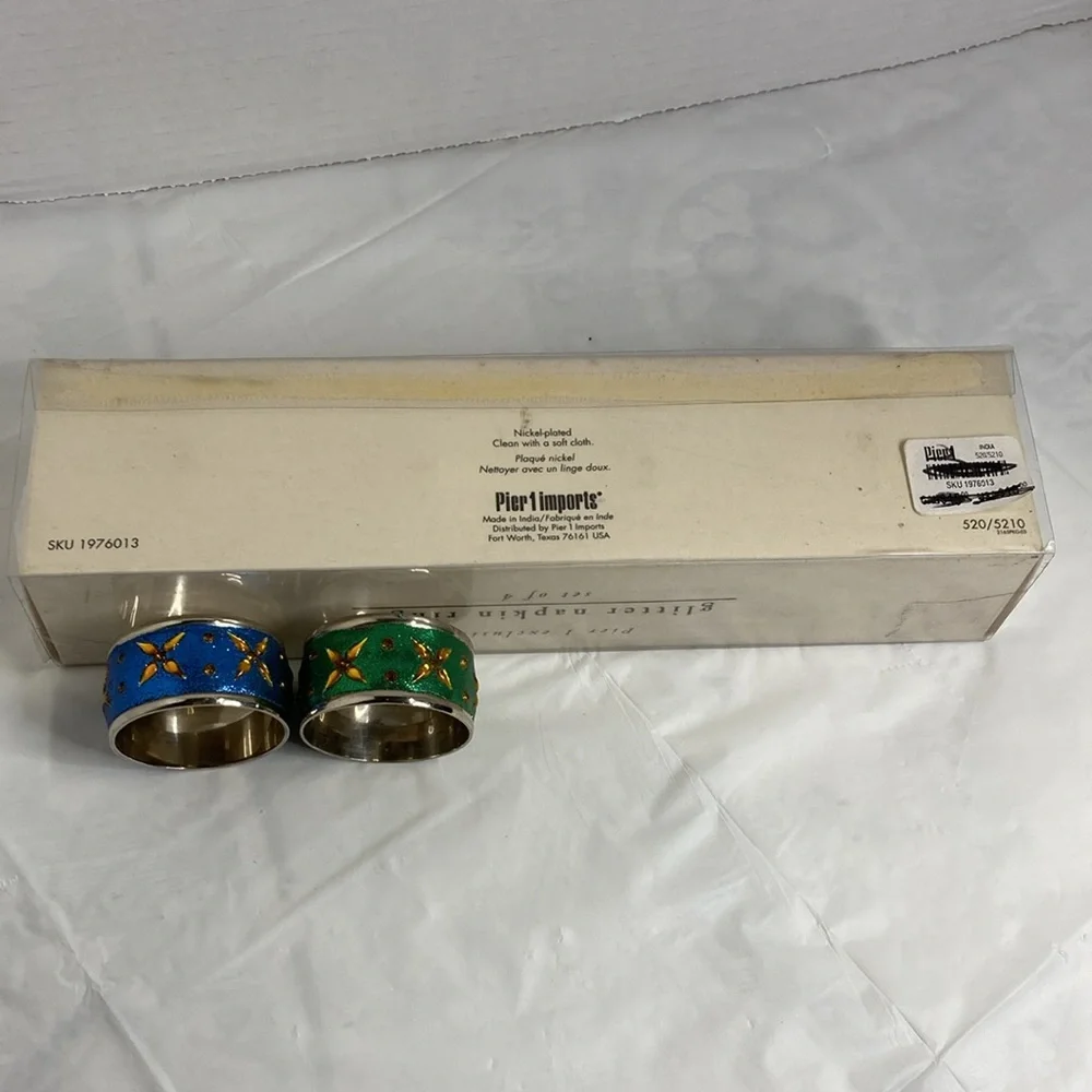 Pier 1 Exclusive Glitter Napkin Rings Lot of 6 Nickel Plated Sparkly Jeweled